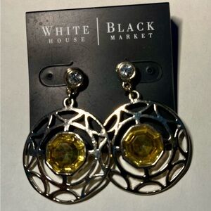 White House Black Market Silver Coin Drop Pierced Earrings yellow center stone